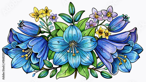 Very beautiful watercolor bluebell flower set with hand drawn elements, designed for spring and summer floral compositions, capturing freshness, softness, and artistic botanical elegance.