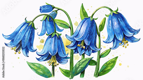 Very beautiful watercolor bluebell flower set with hand drawn elements, designed for spring and summer floral compositions, capturing freshness, softness, and artistic botanical elegance.