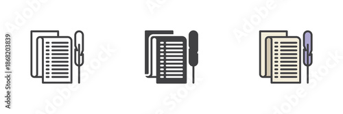 Parchment and feather pen line, solid, colorful different style icon set pack