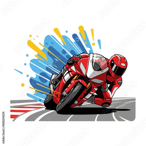 A dynamic illustration of a red and white motorcycle racer leaning into a sharp turn on a race track with colorful abstract splashes behind.