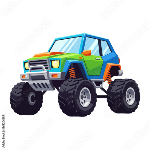 A colorful cartoon monster truck with large wheels and a vibrant paint job.