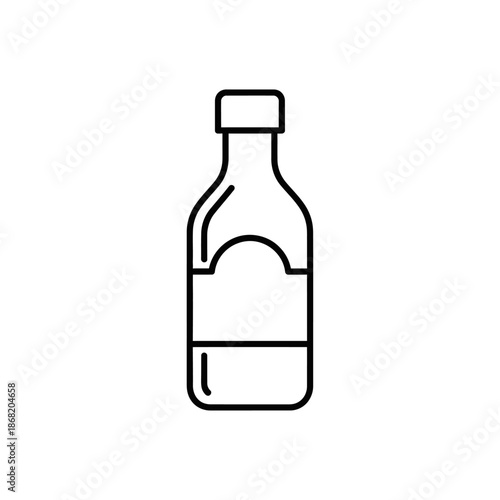 Simple outline icon of a glass bottle with a blank label and cap, isolated on white.