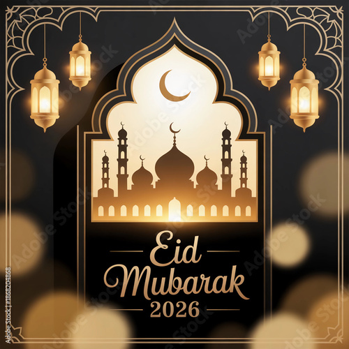 Elegant golden Eid Mubarak 2026 greeting card featuring mosque silhouette