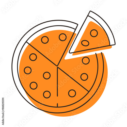 Orange round pizza slice with circular crust on white background  