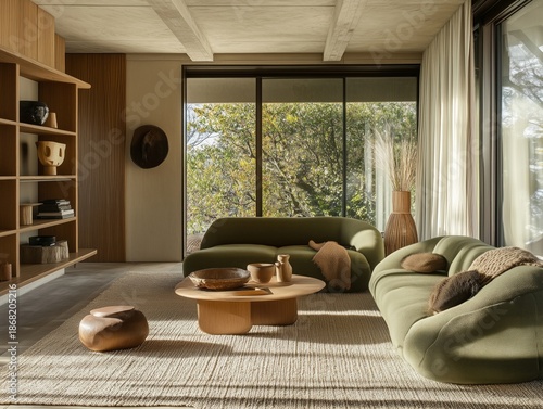 Japandi aesthetics living room interior with green sofa and armchair, coffee table. Modern living room with green furniture and wooden accents in natural light