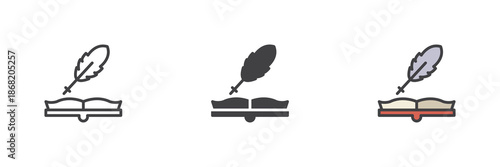 Open book and quill line, solid, colorful different style icon set pack