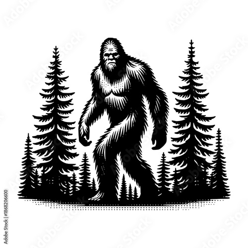 Mysterious Footprint: A bold graphic of bigfoot walks through the forest. Revealing the enigma of the creature that captures the imagination.