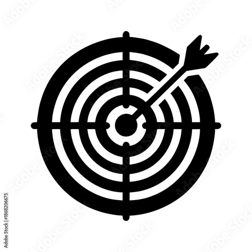 Target and Arrow: An arrow hits the target's bullseye, symbolizing precision, accuracy, and achievement of goals. The arrow is fixed and has a black color.