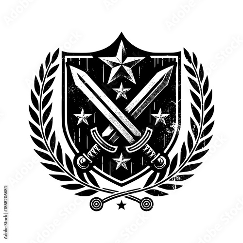 Emblem of Valor: A symbolic crest featuring crossed swords, a star, and laurel leaves, embodying courage and strength, creating an iconic emblem of honor and resilience.