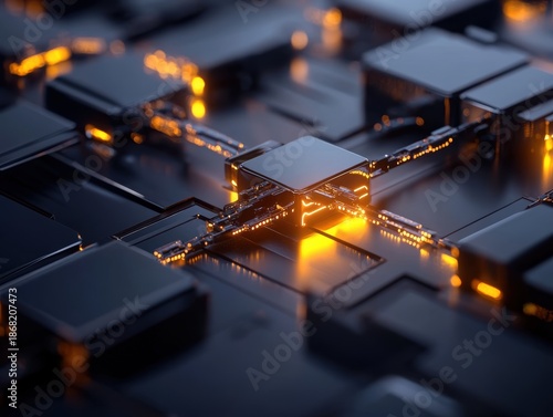 Close-up view of a circuit board with glowing connections and circuitry on a dark surface showcasing technology and design dynamics