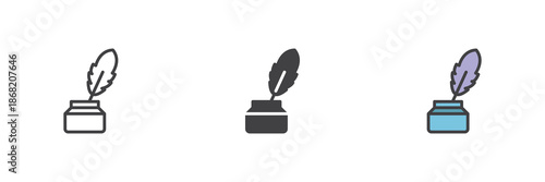 Inkwell and feather pen line, solid, colorful different style icon set pack