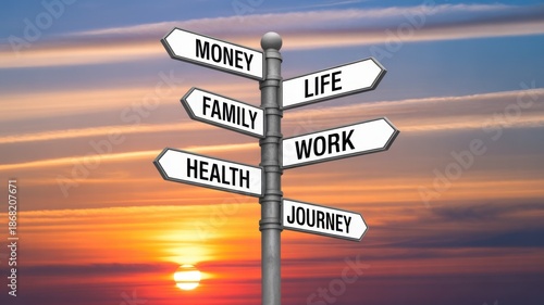 Life's Crossroads: A symbolic signpost against a radiant sunset sky, pointing towards fundamental aspects of existence, inviting reflection on life's pivotal choices and the journey ahead.
