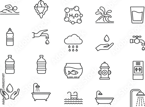 Water usage and hydration outline icon set including tap, bottle, shower, rain, glass and aquatic symbols vector illustratio