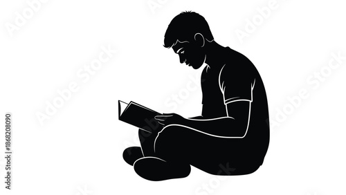 Silhouette illustration depicting a young man sitting cross legged while intently focused on reading an open physical book against a stark white background suggesting concentration and study