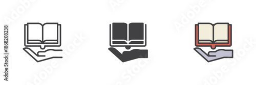 Hand holding open book line, solid, colorful different style icon set pack