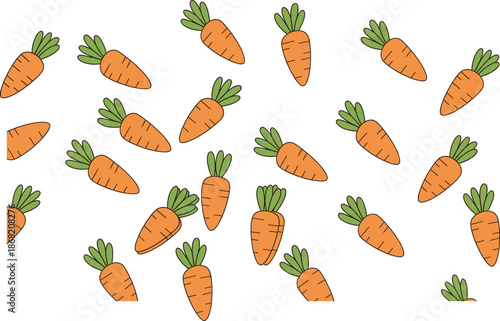 Cute carrot vegetable seamless pattern with hand drawn healthy food elements scattered on white background flat vector illustration