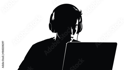Silhouette of a young focused man wearing large over ear headphones intently working or gaming on a laptop computer screen in high contrast black and white illustration style