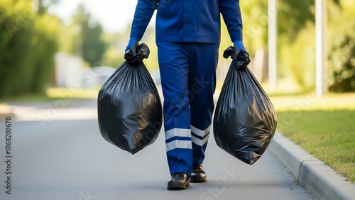 Waste collector carries bags on street during waste collection task