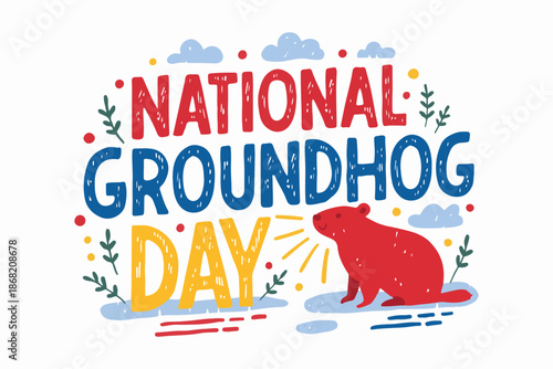 National Groundhog Day Vector Artwork Featuring Groundhog Emerging from Burrow Isolated on White Background