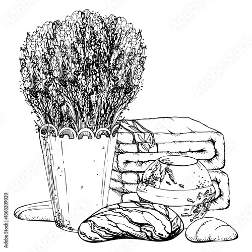 Bath bomb, soap and towels, massage meditation stones, metal cachepot of lavender sprigs. Isolated illustration hand drawn in vector ink. Skincare branding, cosmetic tag, herbal wellness spa design