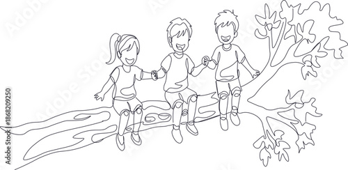 Little boys and girls playing on a tree branch, continuous one line drawing illustration.eps