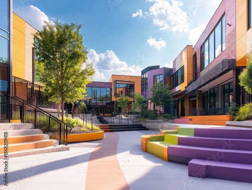 Colorful plaza with modern buildings and seating areas during sunny day in a vibrant urban space