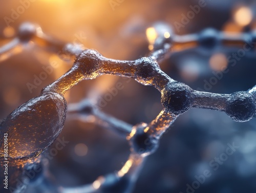 Close view of molecular structure showing atoms and bonds in a scientific setting with light reflections