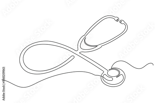 Artistic continuous one line medical art illustration of a stethoscope in a minimalist outline style