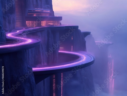 View of a winding road along a cliffside with buildings illuminated by purple lights at dusk