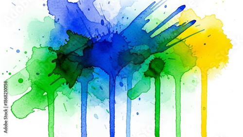 Vibrant colorful paint splatters in blue green and yellow hues