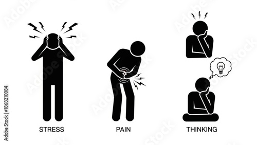 Black silhouette icons depicting stress, pain, and thinking
