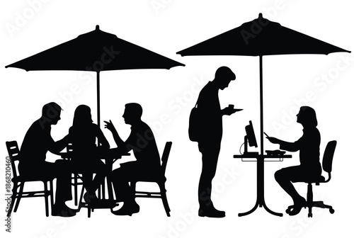 Silhouette of people dining and working at an outdoor cafe scene