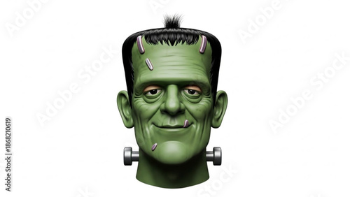 Frankensteins monster head with bolts in neck on smiling