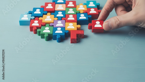 Human resource wood table puzzle block wooden background concept group people management business career colorful jigsaw planning assessment arrangement connection team recruitment strategy