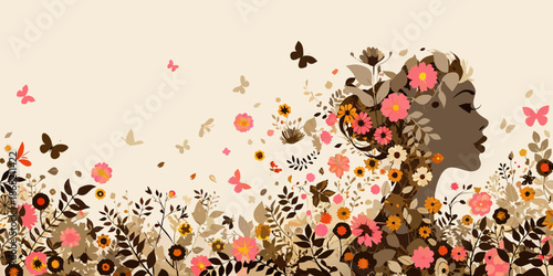 A woman s profile silhouette filled with floral and butterfly elements