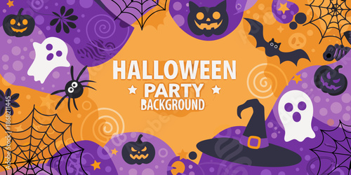 Festive halloween background with ghosts pumpkins spiders and a witch s hat