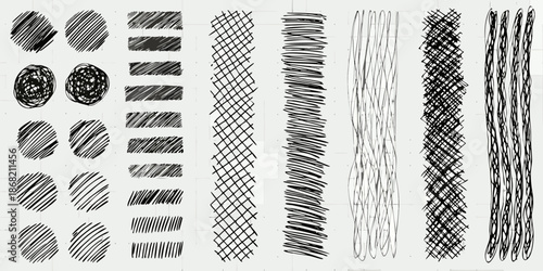 A collection of hand drawn scribble patterns and line textures in grayscale