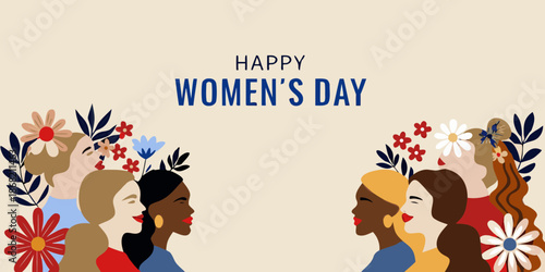 Celebrating international women s day with diverse portraits and floral elements