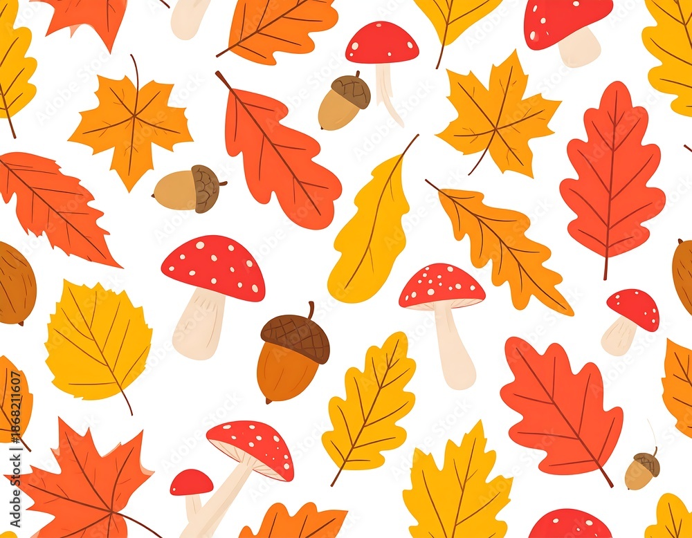 Obraz premium Colorful autumn leaves, mushrooms, and acorns on white background