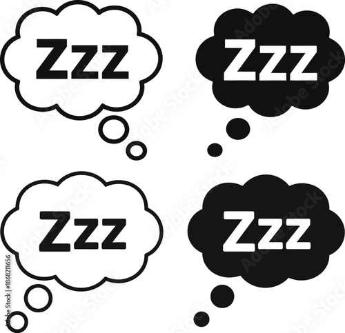 Four thought bubbles with zzz symbols in black and white