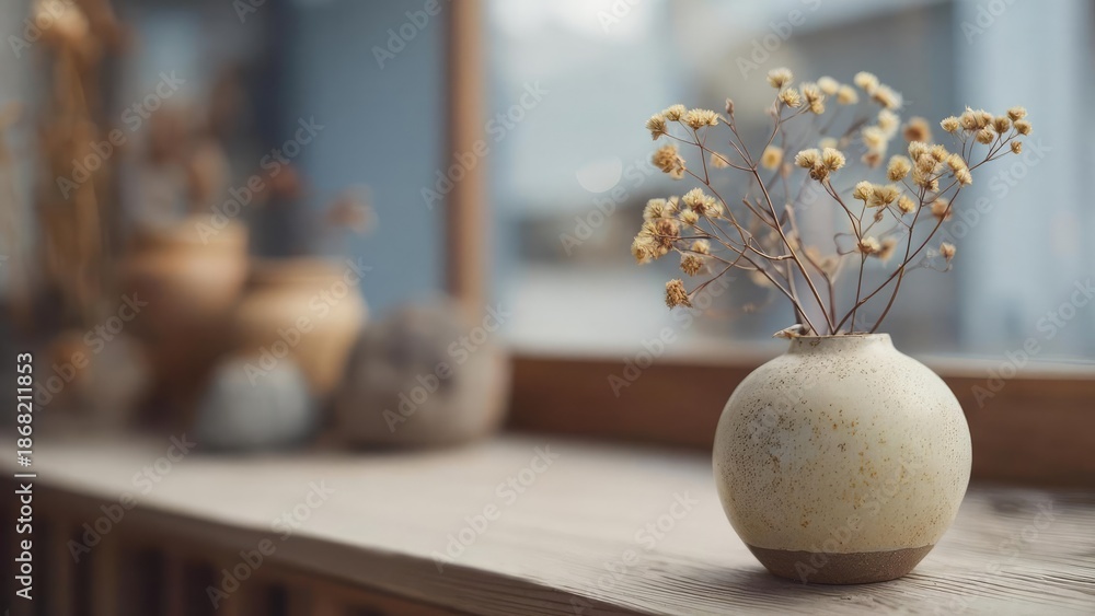Fototapeta premium Round speckled ceramic vase with dried beige flowers on a wooden table by a window. Concept Still Life, Ceramic Vase, Dried Flowers, Window Light, Wooden Table
