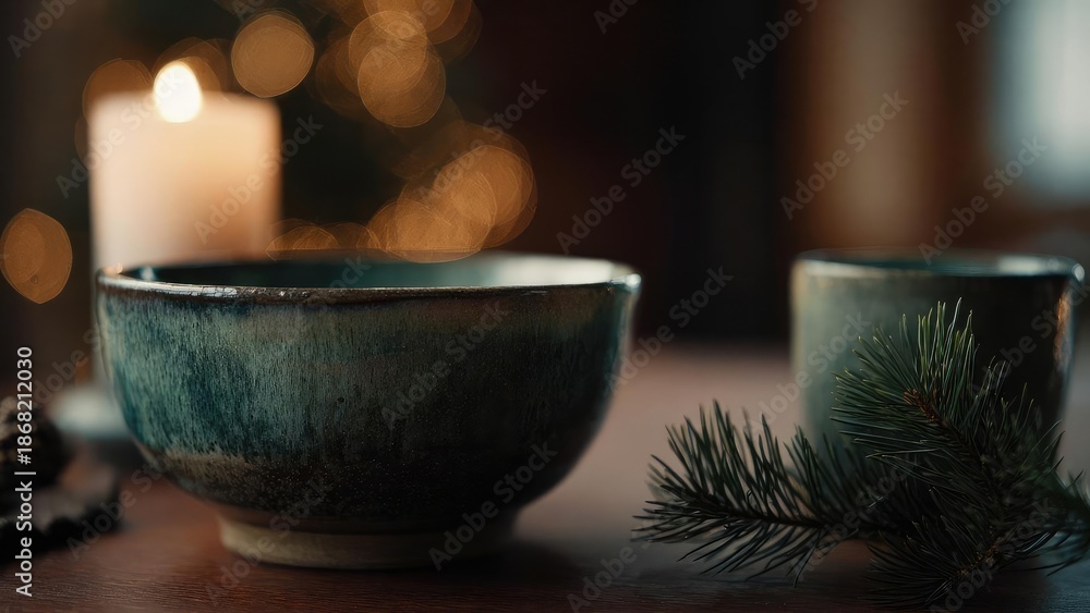 Fototapeta premium Teal ceramic bowl and cup on a wooden table, softly lit by a candle with pine sprig and warm bokeh in the background. Concept Teal ceramic bowl and cup, Candlelit cozy table, Pine sprig decor