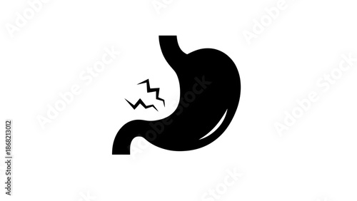 A black silhouette of a stomach with pain illustrated by zigzag lines
