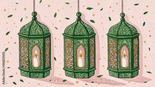 Hand drawn Ramadan Kareem background with green hanging lanterns and candles, cozy festive mood for banners.
