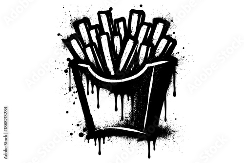 Grunge french fries dripping with artistic ink splatter in monochrome