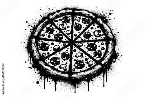 Grunge ink splatter black and white pizza design with pepperoni and mushrooms