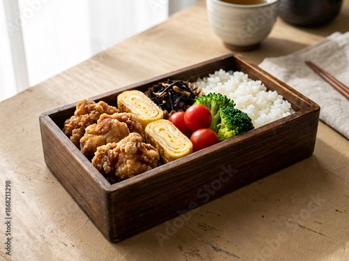 A rustic wooden bento box filled with Japanese fried chicken rice and assorted side dishes