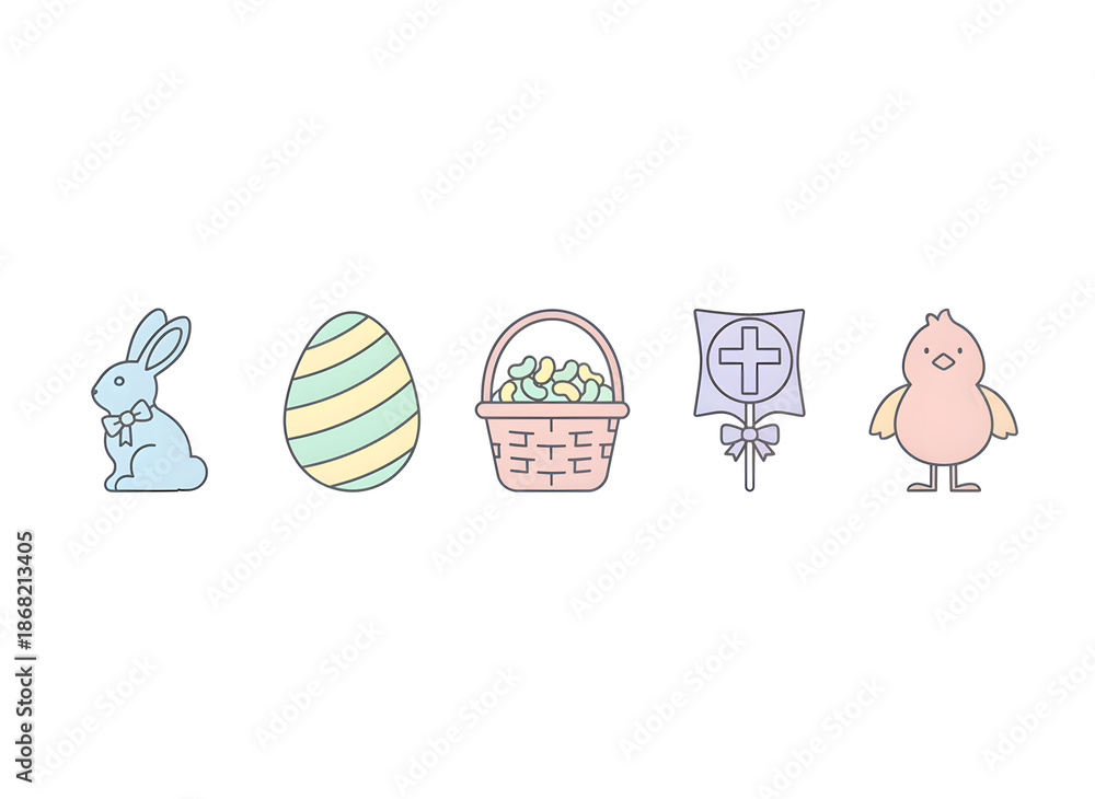 Naklejka premium Adorable pastel Easter themed icons with a bunny, striped egg, jelly bean basket, religious cross, and chick