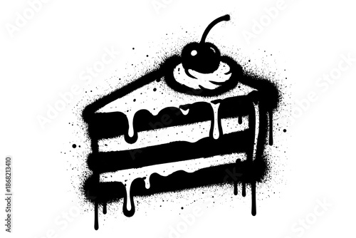 Black and white graffiti style cake slice with cherry drip art