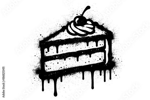 Grunge-style dripping cake slice with cherry and whipped cream